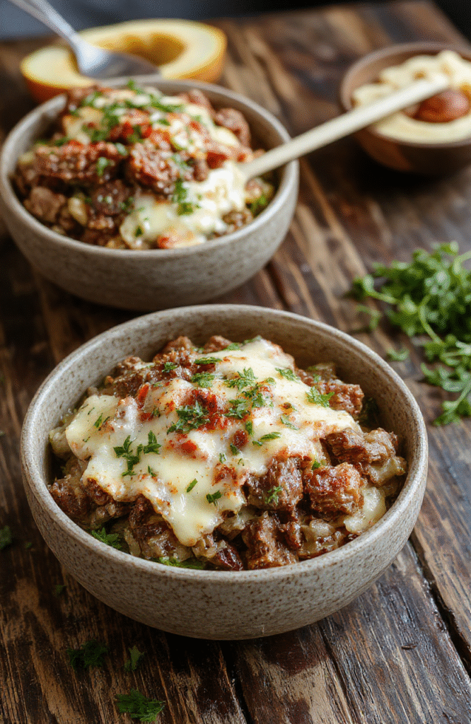 A vibrant bowl filled with sliced tender sirloin, melted cheese, colorful bell peppers, and onions, topped with fresh herbs, arranged on a rustic wooden table with natural lighting.