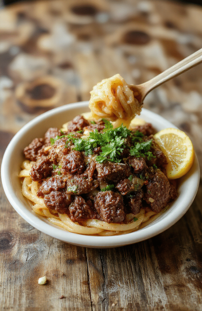 A vibrant bowl of Mongolian ground beef noodles featuring juicy browned ground beef, glossy stir-fried vegetables, and perfectly cooked noodles, garnished with chopped green onions on a rustic wooden table, styled casually with natural lighting.