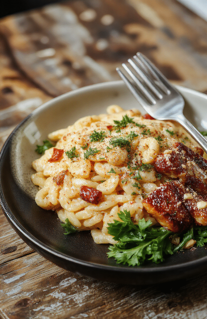 A vibrant bowl of orzo pasta topped with fresh herbs, cherry tomatoes, and grated Parmesan cheese, plated on a rustic wooden table with soft natural lighting highlighting the textures and colorful ingredients.