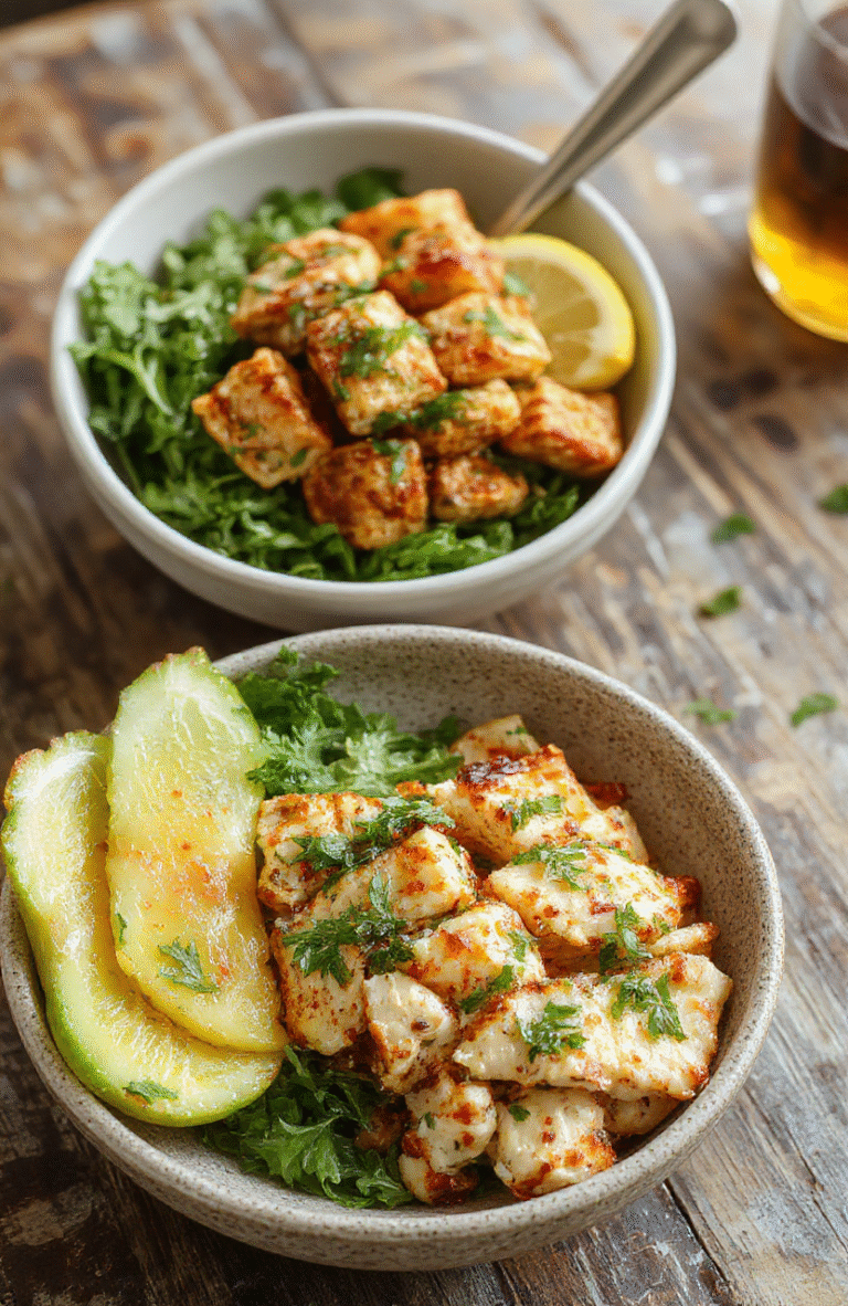 A vibrant plate of Greek chicken bowls featuring grilled chicken slices, fluffy quinoa, colorful cherry tomatoes, sliced cucumbers, crumbled feta cheese, chopped fresh herbs, drizzled with tangy tzatziki sauce, styled on a rustic wooden table with natural light highlighting the textures and colors.