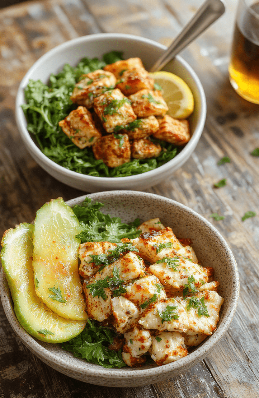 A vibrant plate of Greek chicken bowls featuring grilled chicken slices, fluffy quinoa, colorful cherry tomatoes, sliced cucumbers, crumbled feta cheese, chopped fresh herbs, drizzled with tangy tzatziki sauce, styled on a rustic wooden table with natural light highlighting the textures and colors.