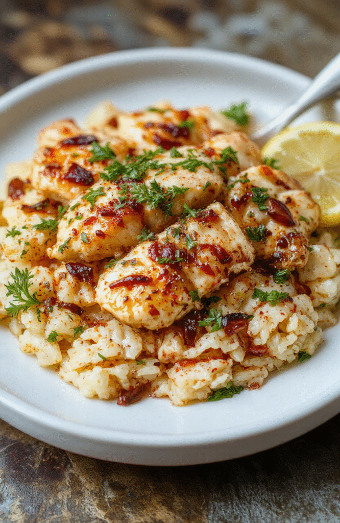 A vibrant plate featuring tender shredded chicken infused with lemon and herbs, served over fluffy rice garnished with fresh herbs, colorful lemon slices, and a sprig of parsley, styled simply on a white rustic plate with a background of natural wood textures.