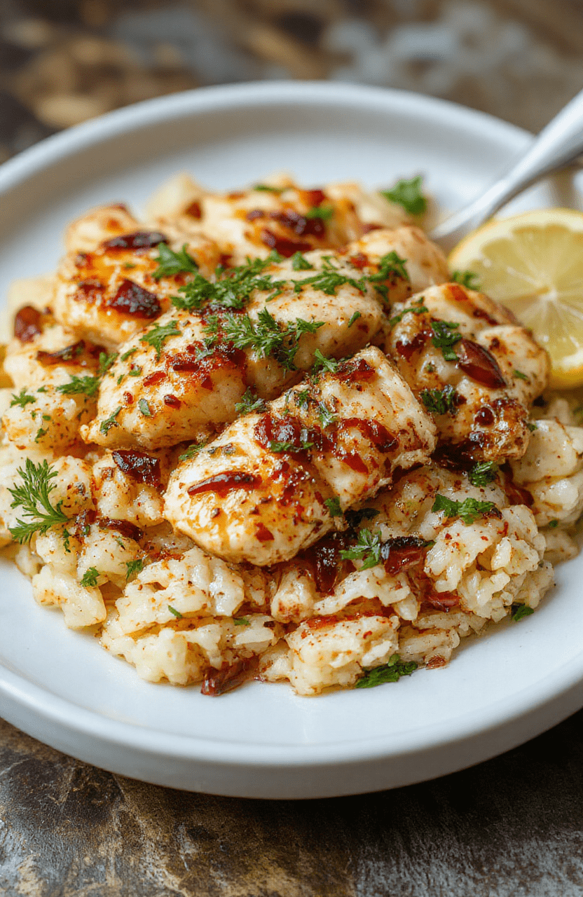 A vibrant plate featuring tender shredded chicken infused with lemon and herbs, served over fluffy rice garnished with fresh herbs, colorful lemon slices, and a sprig of parsley, styled simply on a white rustic plate with a background of natural wood textures.