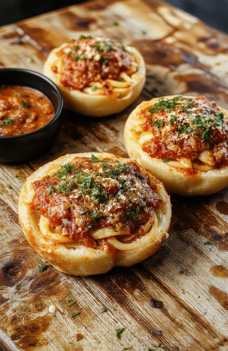 Colorful spaghetti nestled inside golden toasted garlic bread bowls with herbs and cheese, arranged on a rustic wooden platter with fresh basil garnish, showcasing their cheesy, juicy, and crispy textures.