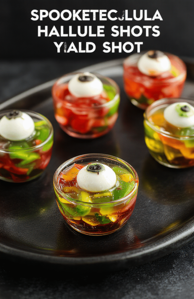 Colorful spooky eyeball gelatin shots arranged on a black platter, with vibrant red and green gelatin, realistic eyeball decorations, glossy surfaces, and a dark background for a Halloween-themed presentation.