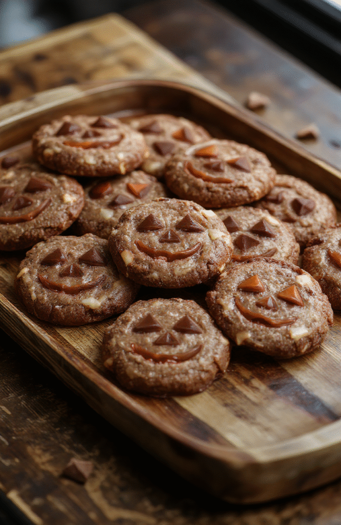 Colorful Halloween-themed cookies shaped like pumpkin faces with smooth milk chocolate filling inside, decorated with orange and black icing, placed on a rustic wooden platter with subtle autumn leaves in the background, showcasing glossy textures and playful designs.