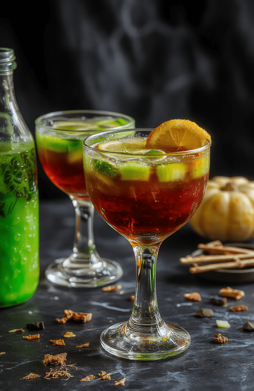 A vibrant, eerie purple Halloween punch served in a large glass pitcher with dry ice floating on top, surrounded by spooky decorations, black straws, and glow-in-the-dark ice cubes, with floating gummy worms and colorful candies accenting the spooky theme.