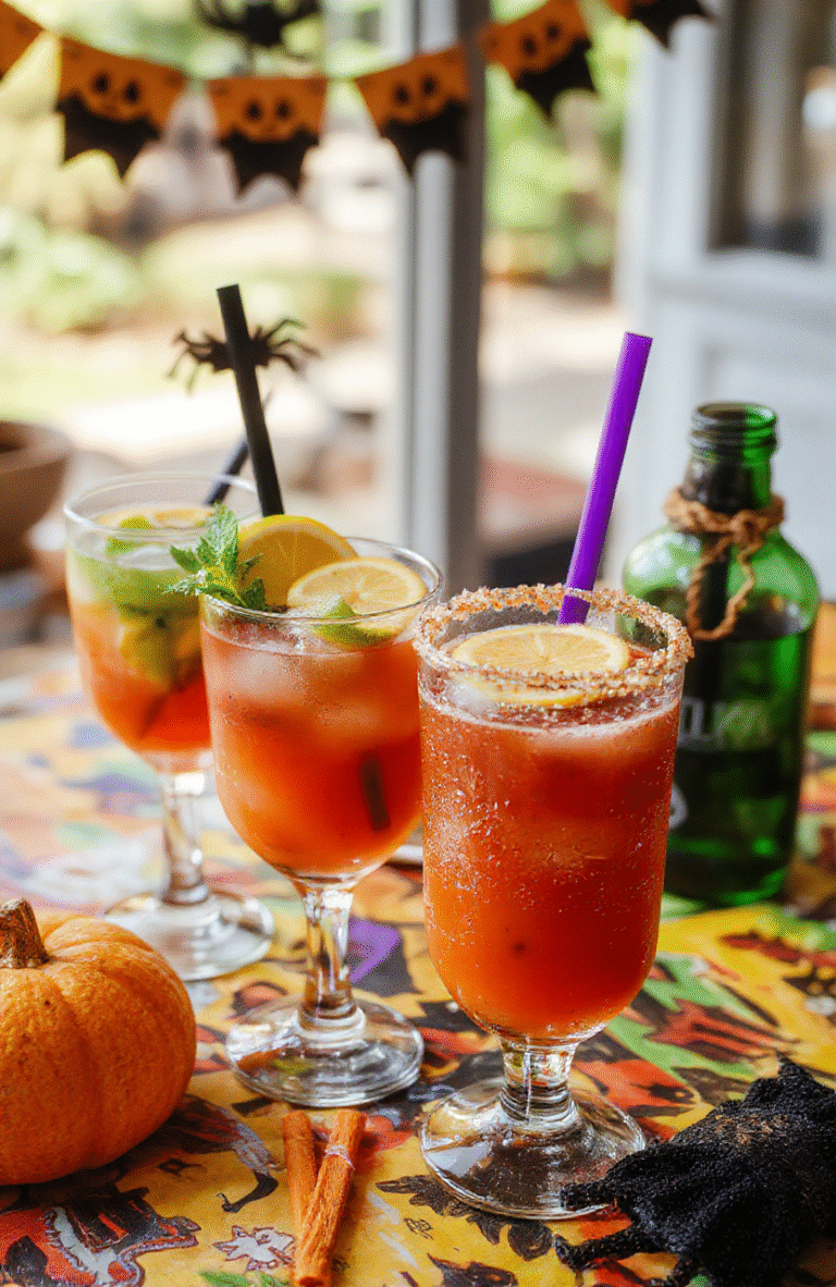 Colorful Halloween-themed drinks with vibrant orange, green, and purple hues in spooky glasses, decorated with gummy worms, eyeball candies, and festive umbrellas, with a dark background and playful spooky accents, styled for a fun kids' party.