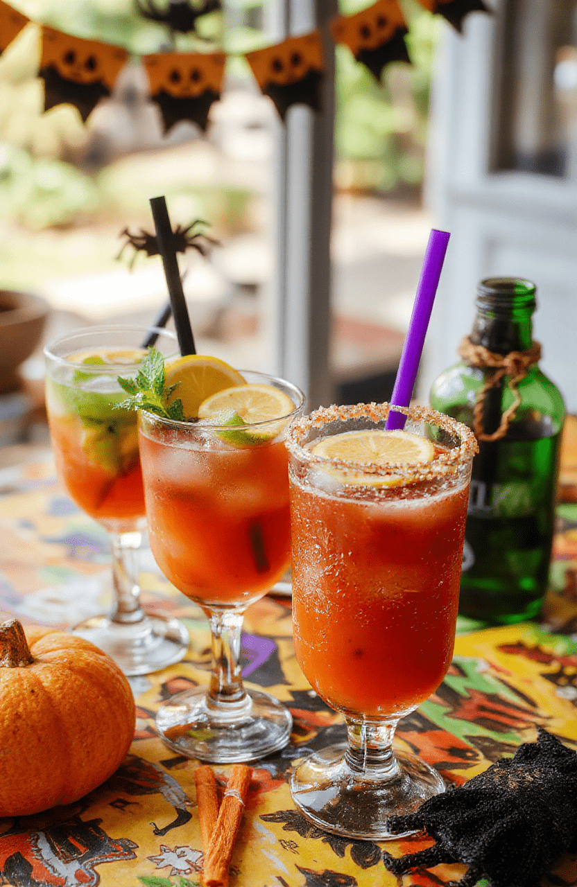 Colorful Halloween-themed drinks with vibrant orange, green, and purple hues in spooky glasses, decorated with gummy worms, eyeball candies, and festive umbrellas, with a dark background and playful spooky accents, styled for a fun kids' party.