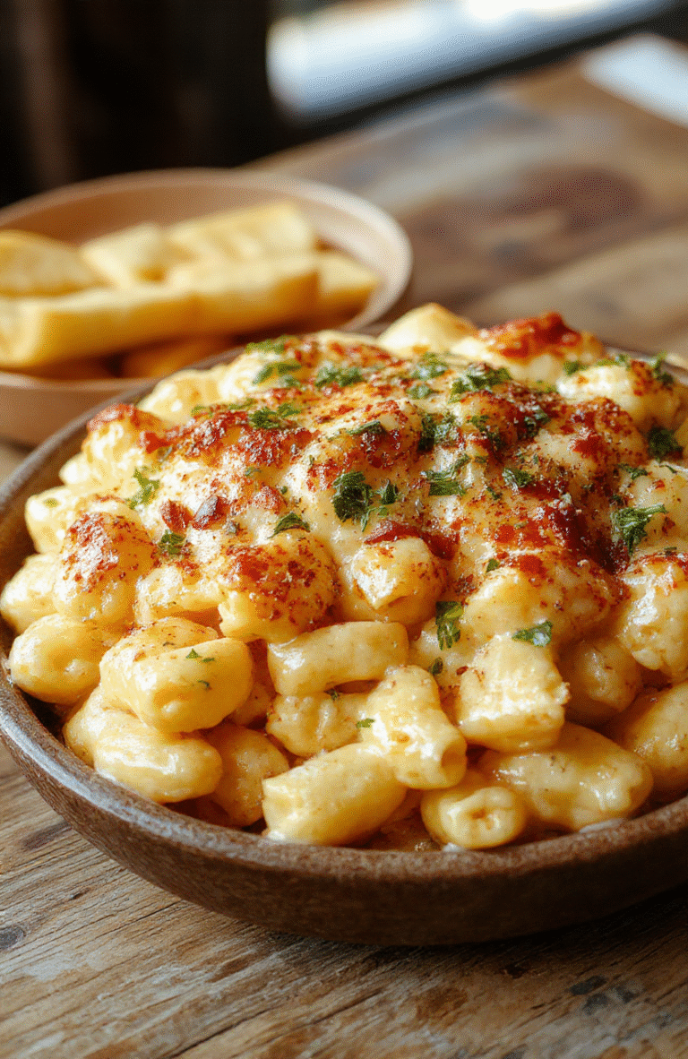 A vibrant bowl of Monster Mac and Cheese featuring creamy, melted cheese with colorful monster-themed toppings and spooky garnishes, styled on a rustic wooden table with a festive Halloween atmosphere.