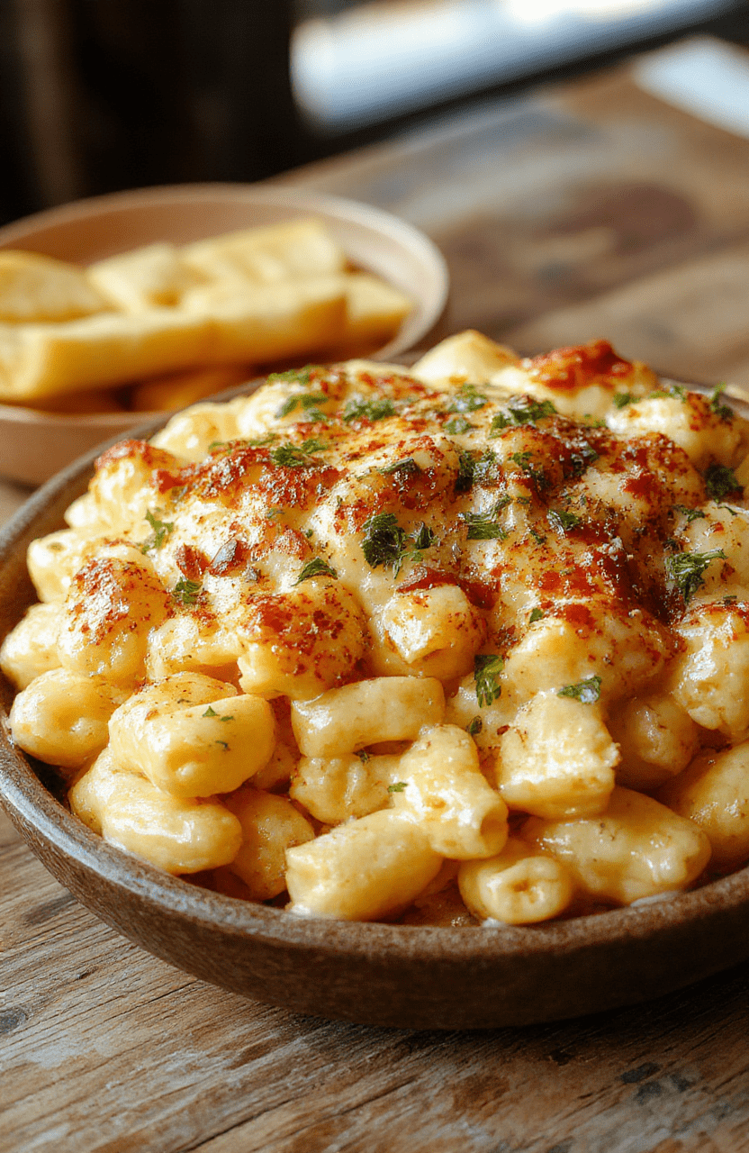 A vibrant bowl of Monster Mac and Cheese featuring creamy, melted cheese with colorful monster-themed toppings and spooky garnishes, styled on a rustic wooden table with a festive Halloween atmosphere.