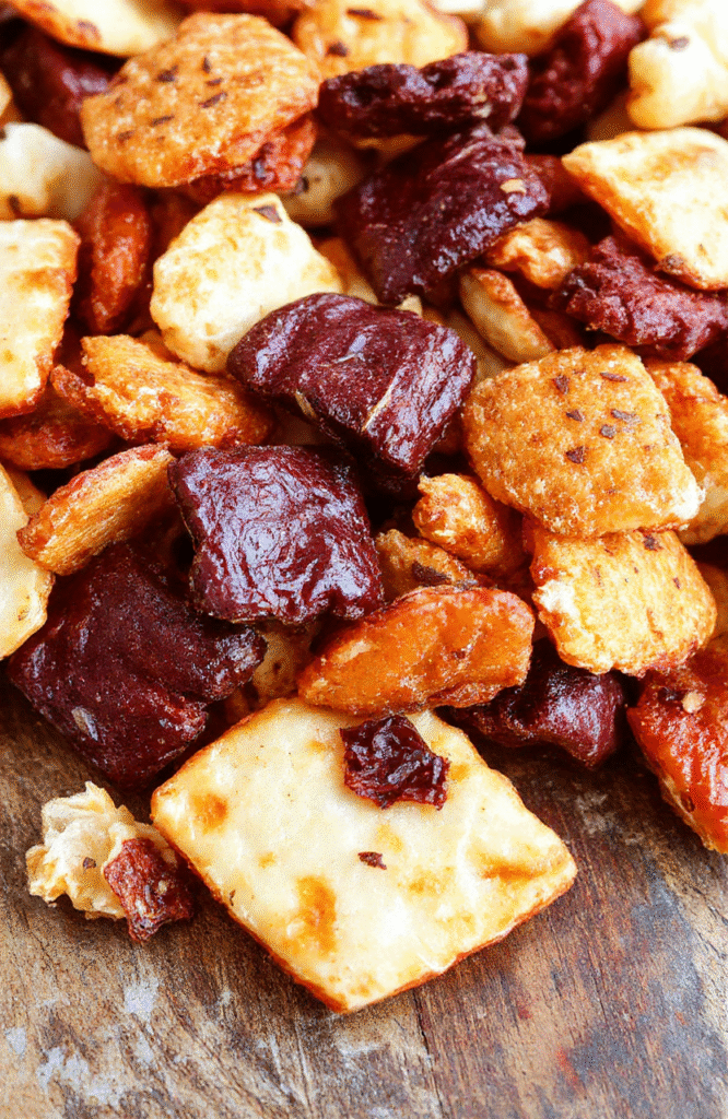 A vibrant bowl of vampire bite trail mix with red, black, and orange candies, nuts, and dried fruits, arranged artfully on a rustic wooden surface with spooky Halloween decorations around.