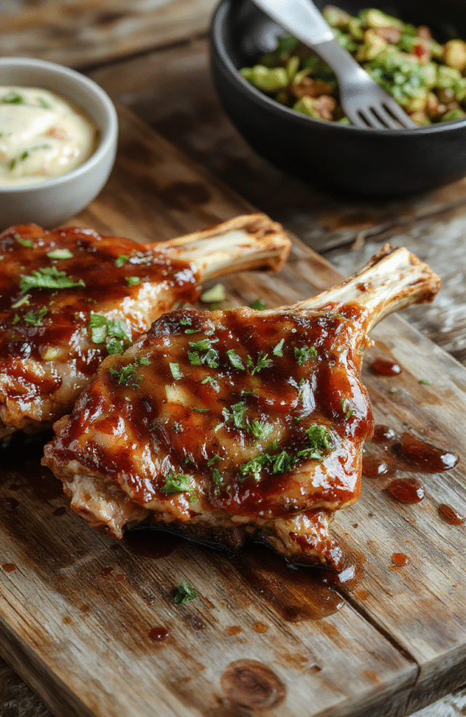 Colorful plated honey garlic boneless pork chops with a glossy glaze, garnished with sesame seeds and chopped green onions on a rustic wooden surface styled simply