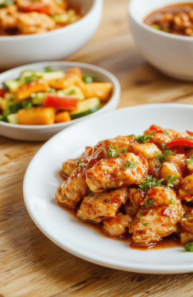 A vibrant plate of Sweet Chili Chicken featuring golden-brown crispy chicken pieces glazed with glossy sweet chili sauce, garnished with chopped green onions and sesame seeds, arranged on a white ceramic plate with colorful vegetables in the background, styled simply for an appetizing presentation.