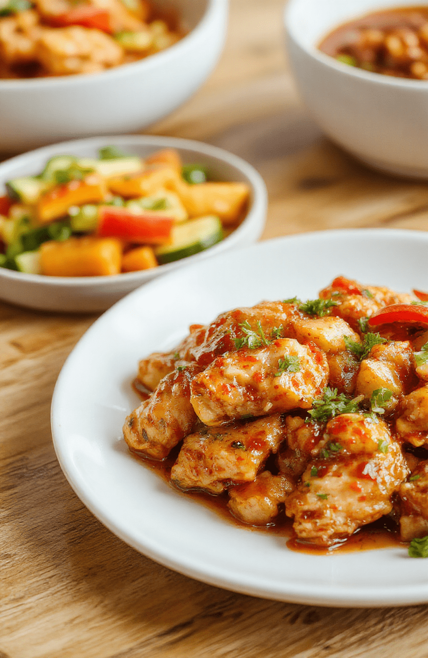 A vibrant plate of Sweet Chili Chicken featuring golden-brown crispy chicken pieces glazed with glossy sweet chili sauce, garnished with chopped green onions and sesame seeds, arranged on a white ceramic plate with colorful vegetables in the background, styled simply for an appetizing presentation.