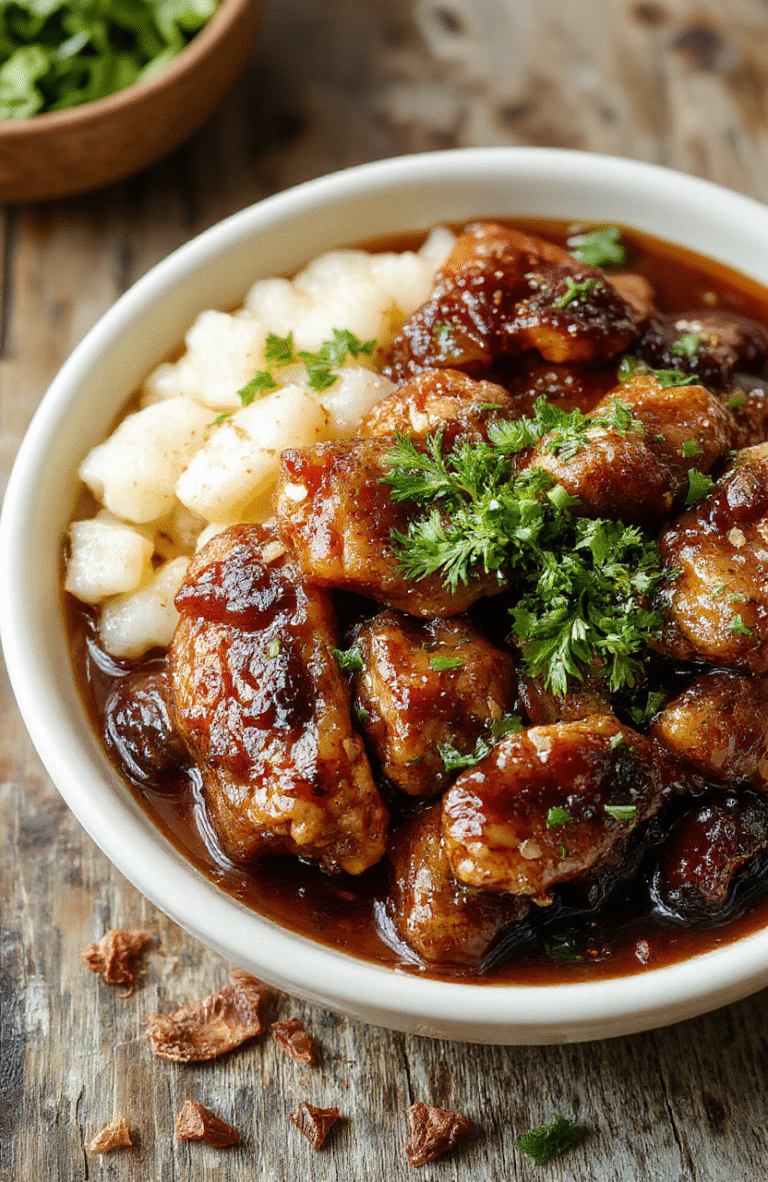 A beautifully plated dish featuring caramelized soy chicken glazed to a golden-brown, topped with sesame seeds and fresh herbs, served alongside fluffy white rice in a rustic bowl. The garlic and ginger broth surrounds the chicken, highlighting its glossy texture, with vibrant green garnishes adding freshness.