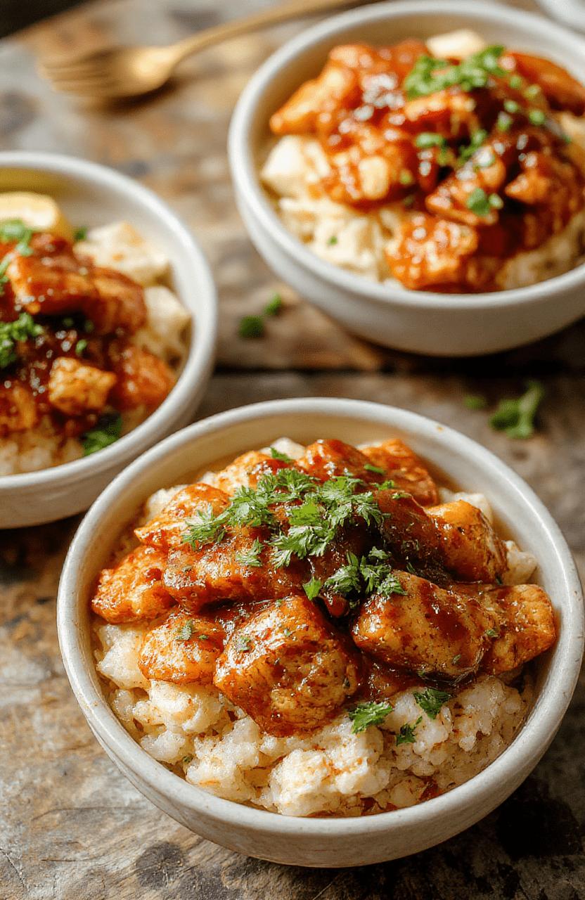 A vibrant plate of honey chipotle chicken rice bowls featuring juicy grilled chicken coated in smoky honey glaze, served atop fluffy white rice with colorful sliced peppers, cilantro garnish, and lime wedges. The dish is styled on a rustic wooden table with fresh ingredients around it, highlighting the textures and rich colors, emphasized by natural daylight.