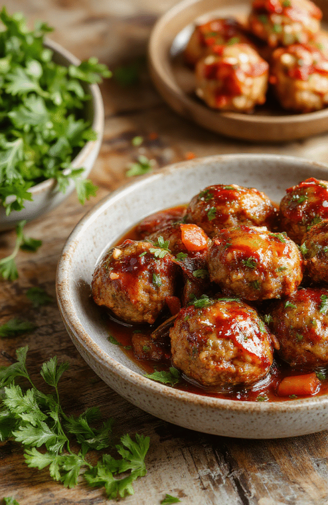 A round plate of golden-brown Asian turkey meatballs glazed with a shiny sweet and spicy sauce, garnished with chopped green onions and sesame seeds, presented on a rustic wooden table with chopsticks and a small bowl of dipping sauce, vibrant colors, tempting texture, inviting and appetizing.