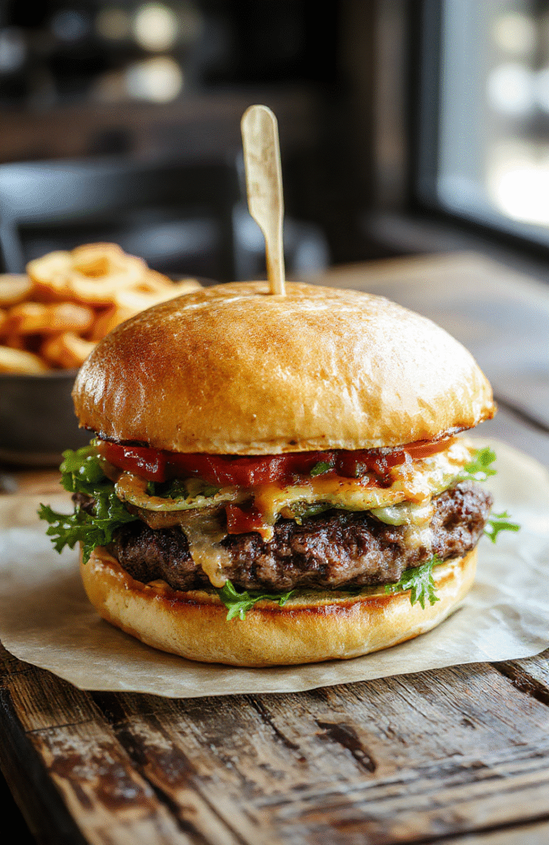 A close-up of a juicy, perfectly cooked burger patty topped with melted cheese, crispy bacon, fresh lettuce, ripe tomato slices, and a dollop of creamy sauce, all nestled in a toasted bun with sesame seeds. Vibrant colors and textured ingredients create an appetizing view, styled casually with a rustic table background.