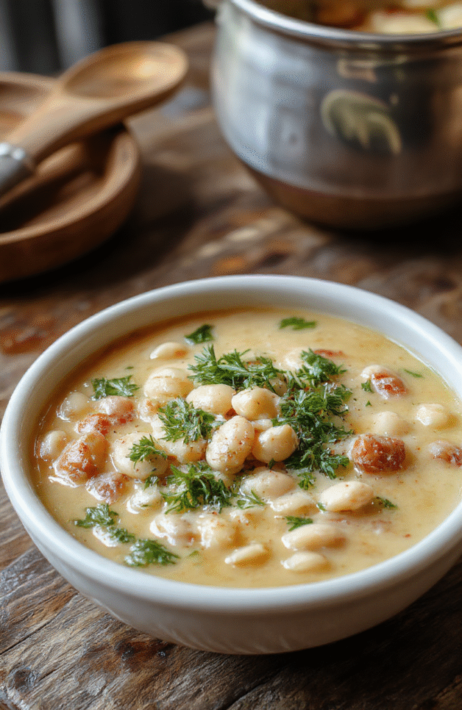 A bowl of creamy Tuscan white bean soup garnished with fresh herbs, served on a rustic wooden table with bread on the side, showcasing textures of beans and greens, warm tones, inviting presentation.