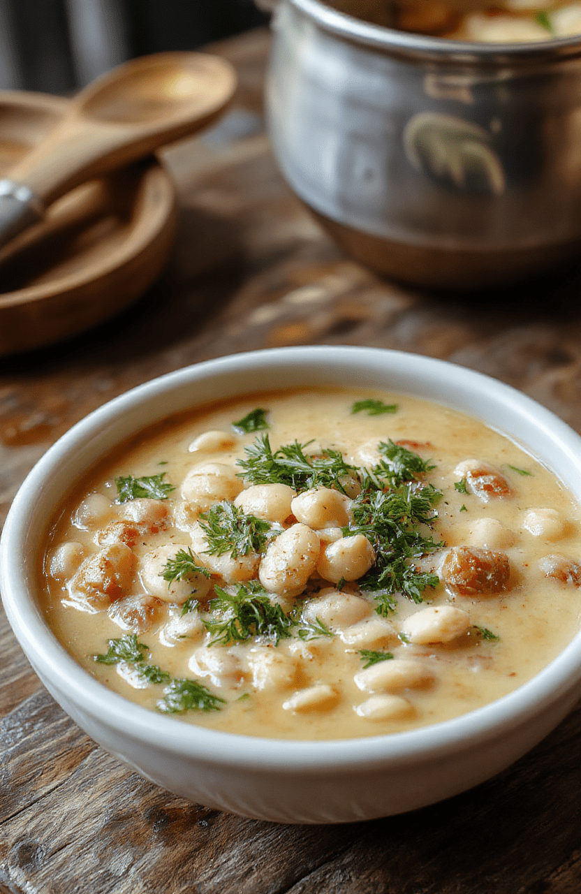 A bowl of creamy Tuscan white bean soup garnished with fresh herbs, served on a rustic wooden table with bread on the side, showcasing textures of beans and greens, warm tones, inviting presentation.
