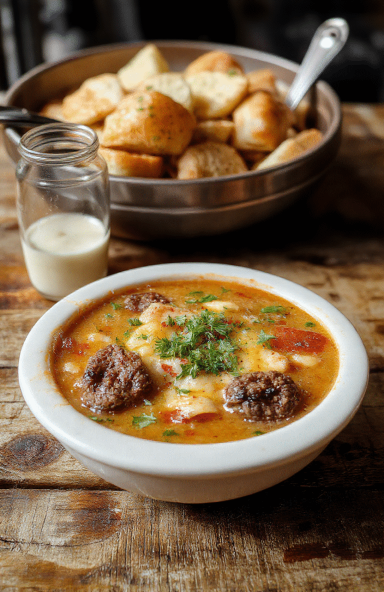 A vibrant bowl of cheeseburger soup featuring melted cheese, chunks of ground beef, diced tomatoes, and fresh herbs, garnished with shredded cheese and served with crusty bread on a rustic wooden surface.