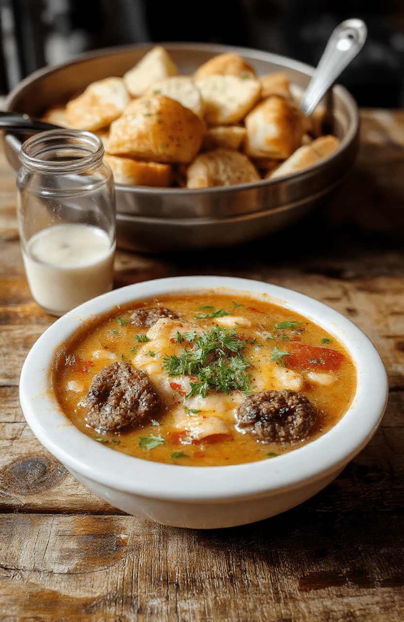 A vibrant bowl of cheeseburger soup featuring melted cheese, chunks of ground beef, diced tomatoes, and fresh herbs, garnished with shredded cheese and served with crusty bread on a rustic wooden surface.