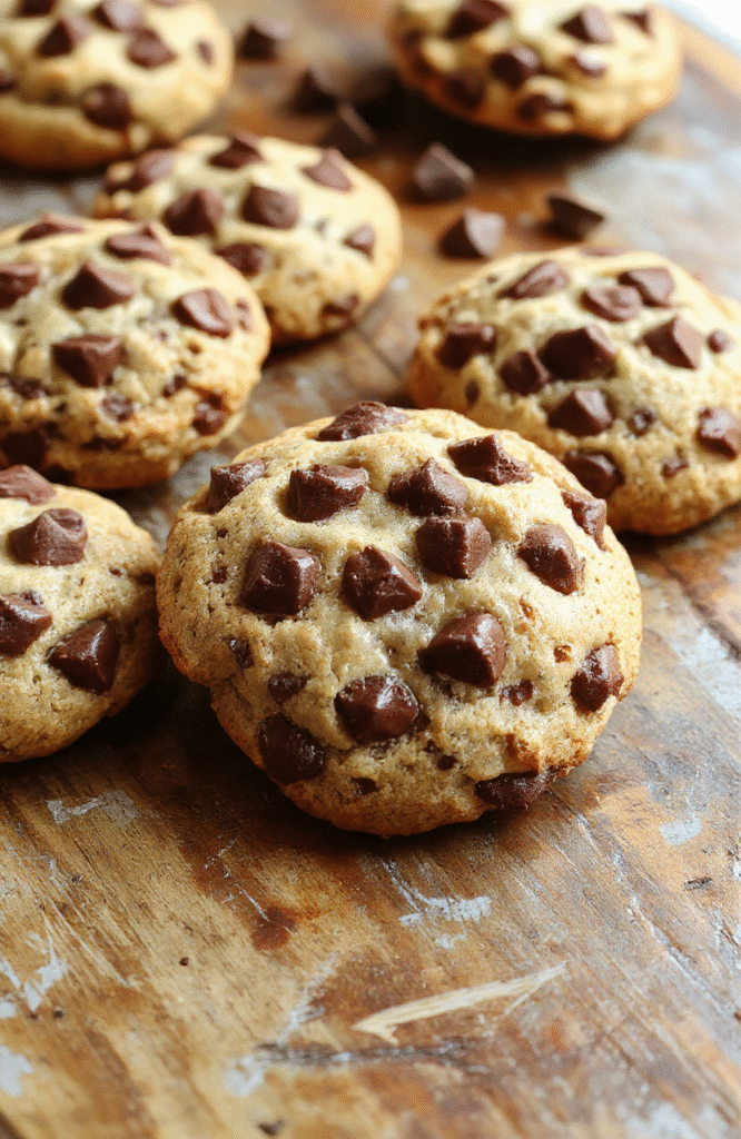 A close-up of golden-brown chewy chocolate chip cookies stacked on a rustic wooden surface, dotted with melty chocolate chips, with a slightly cracked texture, invitingly imperfect and freshly baked.