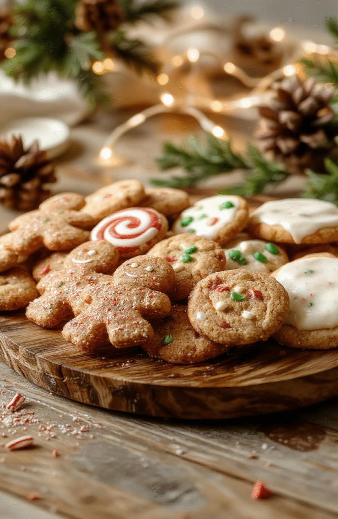 A colorful assortment of holiday cookies arranged on a rustic wooden platter, featuring gingerbread men, peppermint swirls, and sugar cookies decorated with festive icing, set against a cozy holiday backdrop with twinkling lights and pinecones.