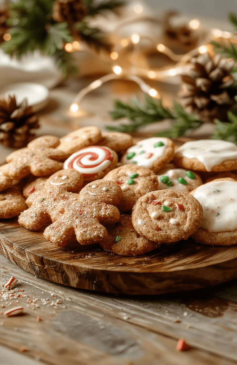 A colorful assortment of holiday cookies arranged on a rustic wooden platter, featuring gingerbread men, peppermint swirls, and sugar cookies decorated with festive icing, set against a cozy holiday backdrop with twinkling lights and pinecones.