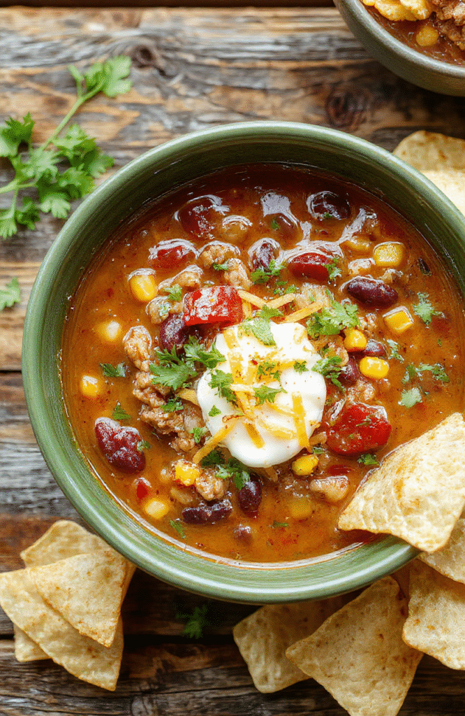 A vibrant bowl of taco soup featuring ground beef, kidney beans, corn, and tomatoes, garnished with shredded cheese, fresh cilantro, and a dollop of sour cream. The soup is served in a rustic white bowl on a wooden table, with a spoon resting beside it and a side of crispy tortilla chips.