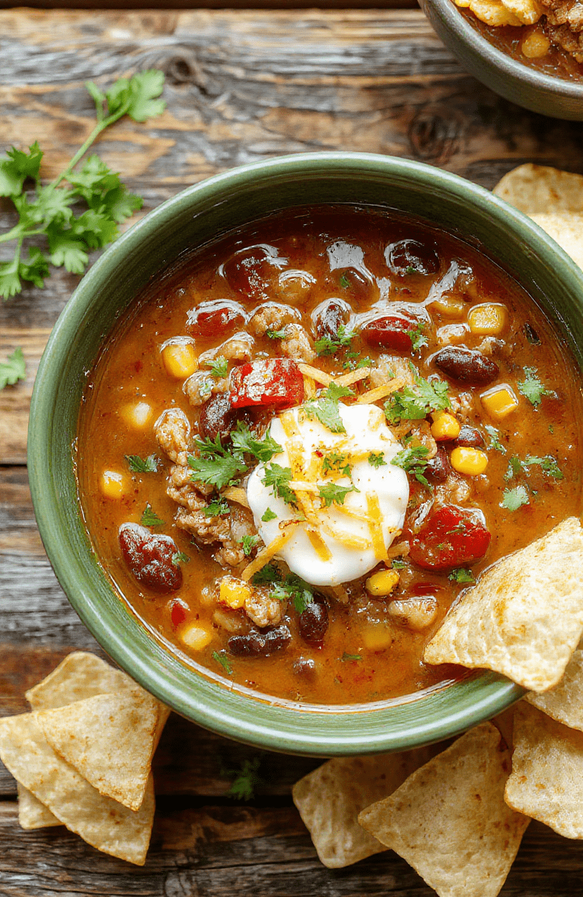 A vibrant bowl of taco soup featuring ground beef, kidney beans, corn, and tomatoes, garnished with shredded cheese, fresh cilantro, and a dollop of sour cream. The soup is served in a rustic white bowl on a wooden table, with a spoon resting beside it and a side of crispy tortilla chips.