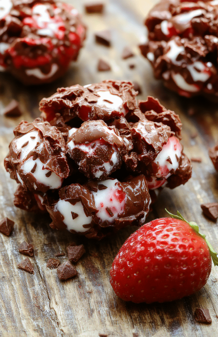 A vibrant plate of chocolate strawberry yogurt clusters featuring glossy chocolate-coated clusters with sliced strawberries and creamy yogurt surrounding them, arranged on a rustic wooden surface with a light, airy background, emphasizing textures and fresh ingredients.