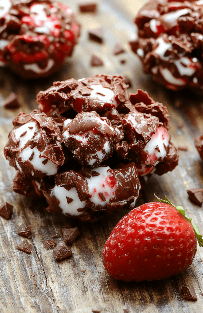 A vibrant plate of chocolate strawberry yogurt clusters featuring glossy chocolate-coated clusters with sliced strawberries and creamy yogurt surrounding them, arranged on a rustic wooden surface with a light, airy background, emphasizing textures and fresh ingredients.
