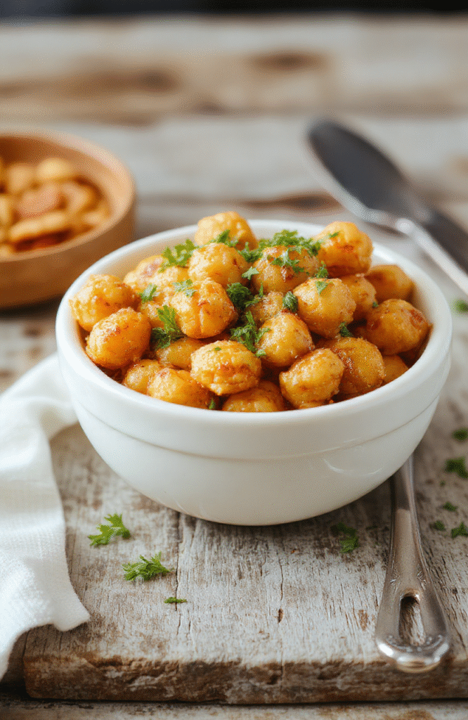A vibrant plate of Marry Me Chickpeas featuring golden crispy chickpeas topped with fresh herbs and a drizzle of sauce, served on a stylish white plate with colorful side vegetables, styled neatly on a rustic wooden table.