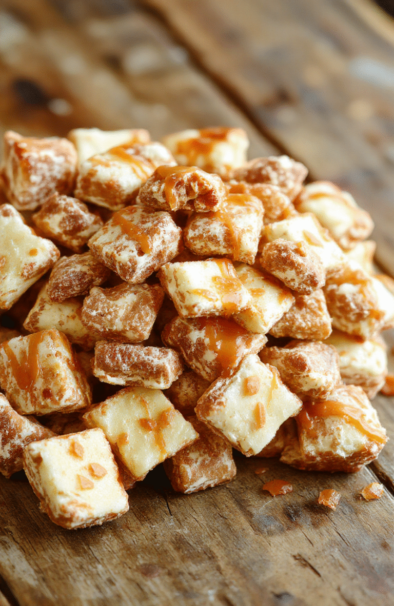A vibrant bowl filled with caramel-coated apple puppy chow, featuring golden brown cereal pieces coated in glossy caramel and sprinkled with colorful candy bits, set on a rustic wooden table with a cozy fall backdrop, highlighting textures and rich flavors.