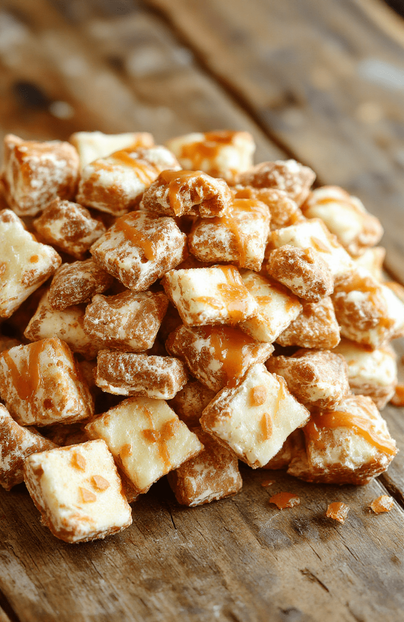 A vibrant bowl filled with caramel-coated apple puppy chow, featuring golden brown cereal pieces coated in glossy caramel and sprinkled with colorful candy bits, set on a rustic wooden table with a cozy fall backdrop, highlighting textures and rich flavors.