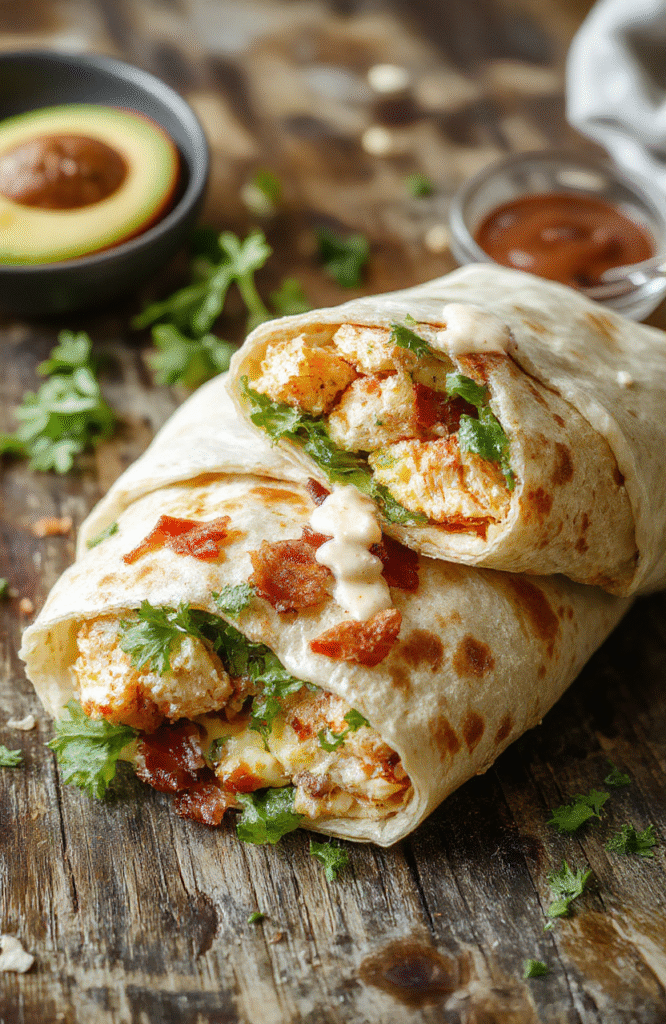 A vibrant plate featuring a sliced chicken bacon ranch wrap with crispy chicken, savory bacon, fresh lettuce, and creamy ranch sauce oozing out, garnished with herbs on a rustic wooden table, showcasing textures from crunchy bacon to tender chicken with a drizzle of dressing.