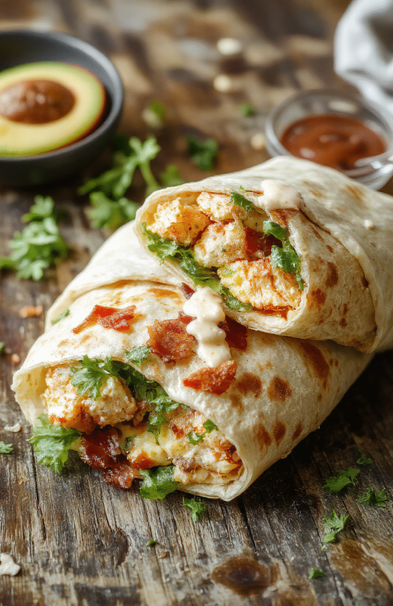 A vibrant plate featuring a sliced chicken bacon ranch wrap with crispy chicken, savory bacon, fresh lettuce, and creamy ranch sauce oozing out, garnished with herbs on a rustic wooden table, showcasing textures from crunchy bacon to tender chicken with a drizzle of dressing.