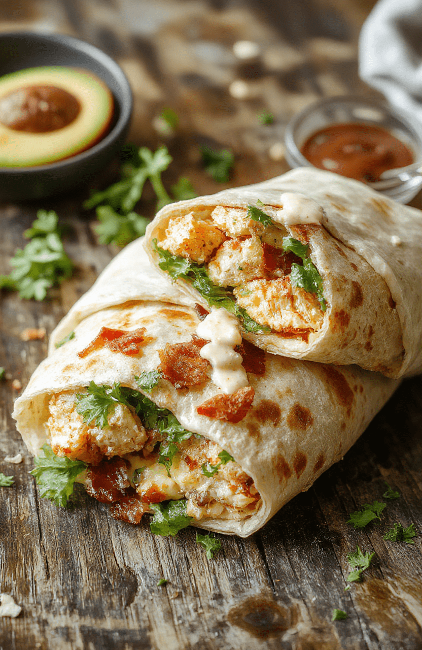 A vibrant plate featuring a sliced chicken bacon ranch wrap with crispy chicken, savory bacon, fresh lettuce, and creamy ranch sauce oozing out, garnished with herbs on a rustic wooden table, showcasing textures from crunchy bacon to tender chicken with a drizzle of dressing.