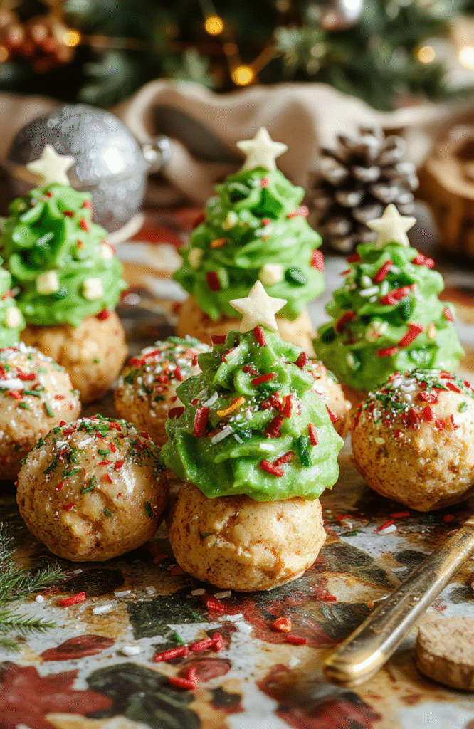 Colorful Christmas tree-shaped cake truffles arranged on a white platter, decorated with green, red, and glittery sprinkles, creamy and smooth textures, festive holiday styling with a holiday-themed background and soft lighting.