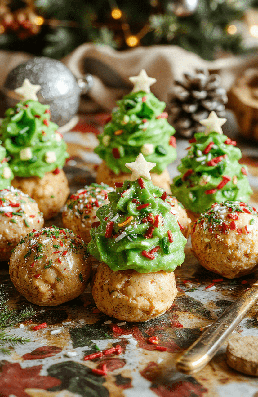 Colorful Christmas tree-shaped cake truffles arranged on a white platter, decorated with green, red, and glittery sprinkles, creamy and smooth textures, festive holiday styling with a holiday-themed background and soft lighting.