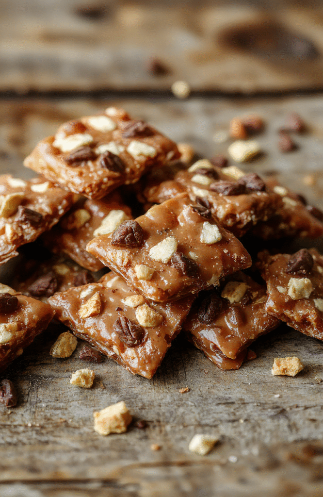 A close-up shot of golden-brown cracker toffee topped with glossy caramel and sprinkled with chopped nuts, arranged neatly on a rustic wooden surface with a festive kitchen background. The toffee pieces are crispy, shiny, and inviting, showcasing their rich texture and caramelized sheen.