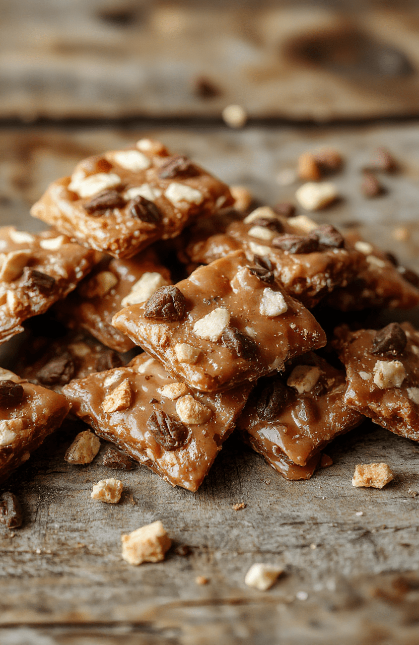 A close-up shot of golden-brown cracker toffee topped with glossy caramel and sprinkled with chopped nuts, arranged neatly on a rustic wooden surface with a festive kitchen background. The toffee pieces are crispy, shiny, and inviting, showcasing their rich texture and caramelized sheen.