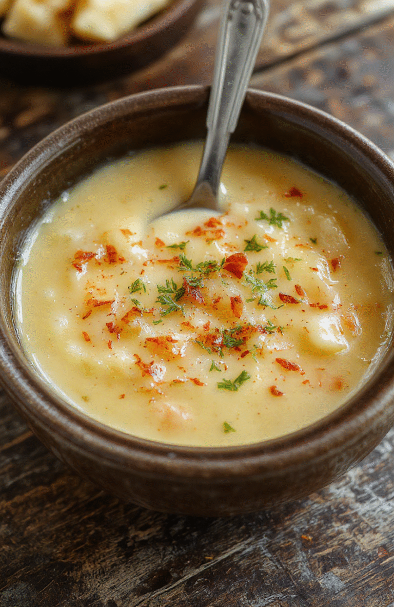 A creamy bowl of crock pot potato soup with golden-brown toasted bread slices on a rustic wooden table. The soup is garnished with chopped chives and melted cheese, showcasing its rich and velvety texture. The background features fresh potatoes, herbs, and a spoon, with warm, inviting lighting emphasizing the cozy, comforting atmosphere.