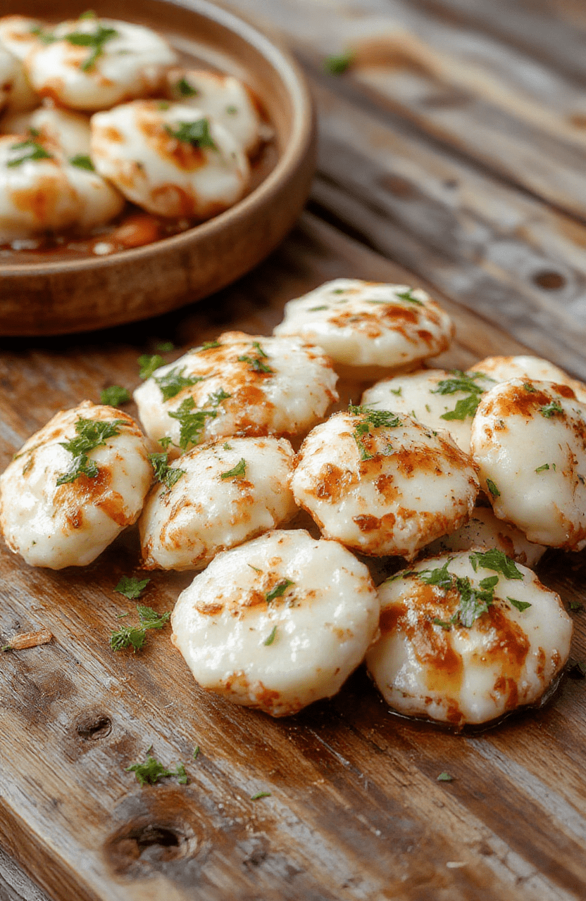 Golden crispy mozzarella bites served on a white plate with marinara dipping sauce, sprinkled with fresh basil, vibrant red and white colors, glossy cheese, crispy breading, styled simply on a rustic wooden table