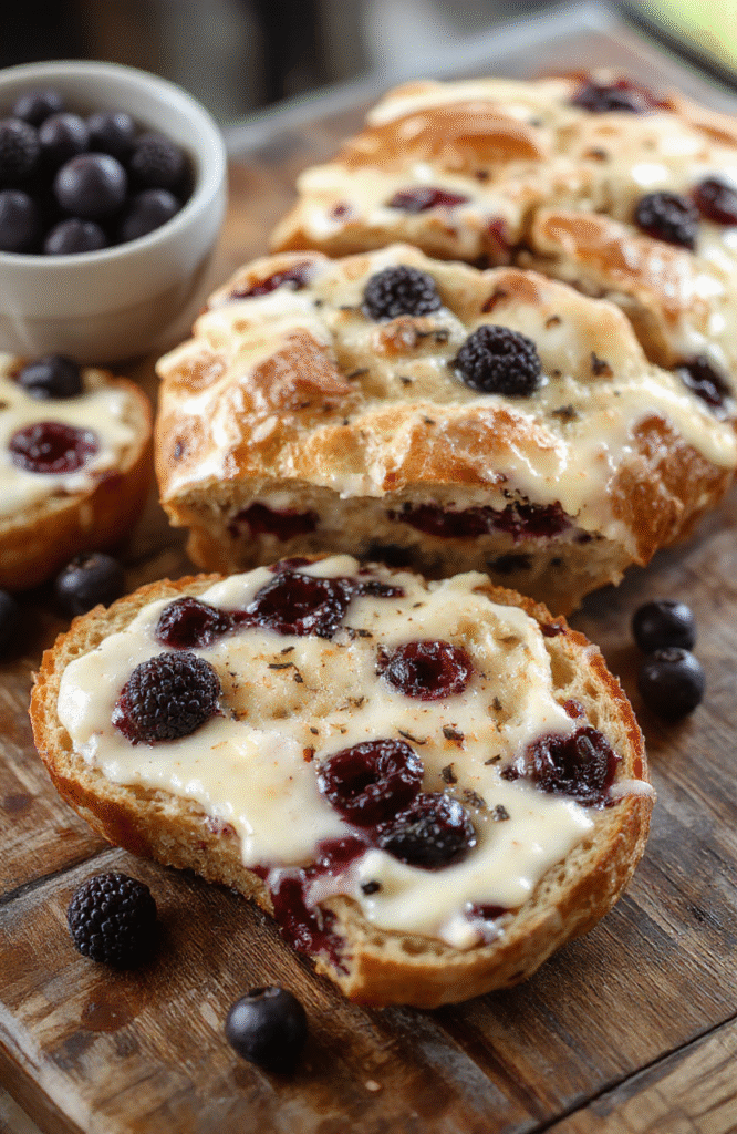 A golden-brown loaf sliced to reveal a swirl of vibrant blueberries and creamy cream cheese filling, topped with a dusting of powdered sugar, styled on a rustic wooden board with a sprig of fresh blueberries nearby.
