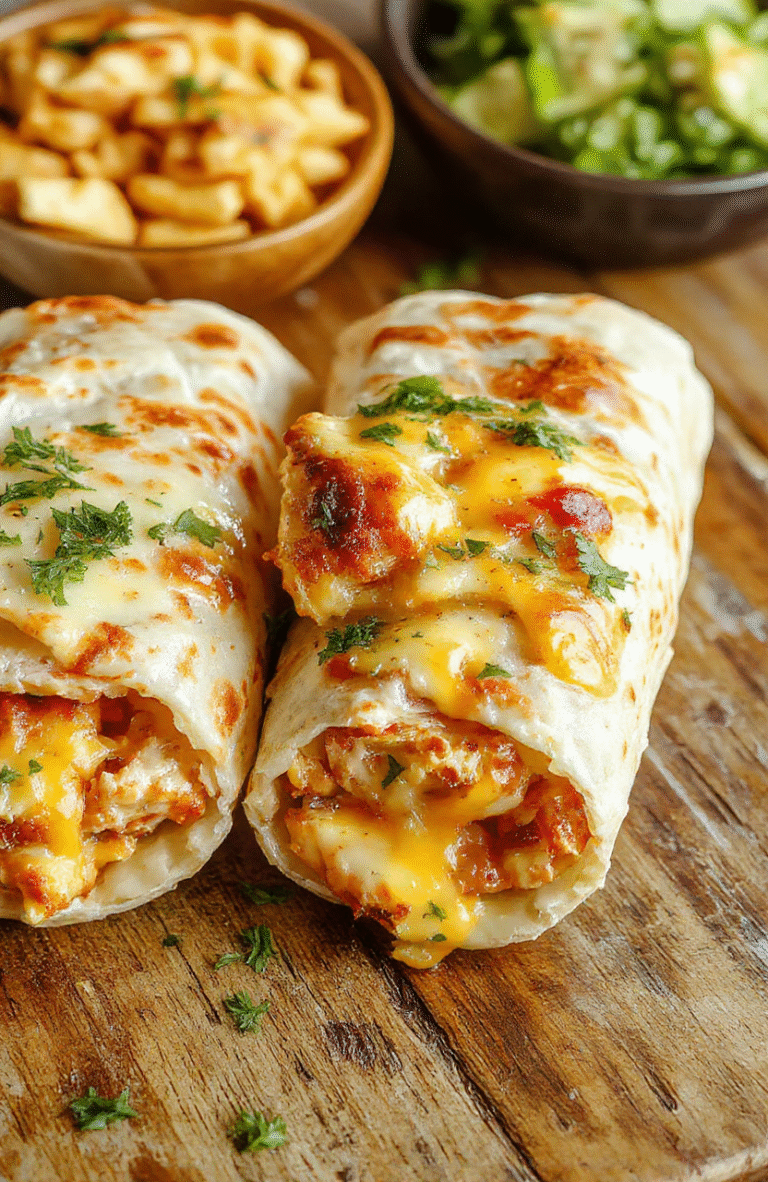 A vibrant plate featuring golden-brown cheesy chicken wraps sliced open to reveal melted cheese, crispy chicken pieces, fresh vegetables, and herbs, all neatly arranged on a rustic wooden table, styled with a drizzle of sauce and garnished with chopped parsley for an appetizing presentation.