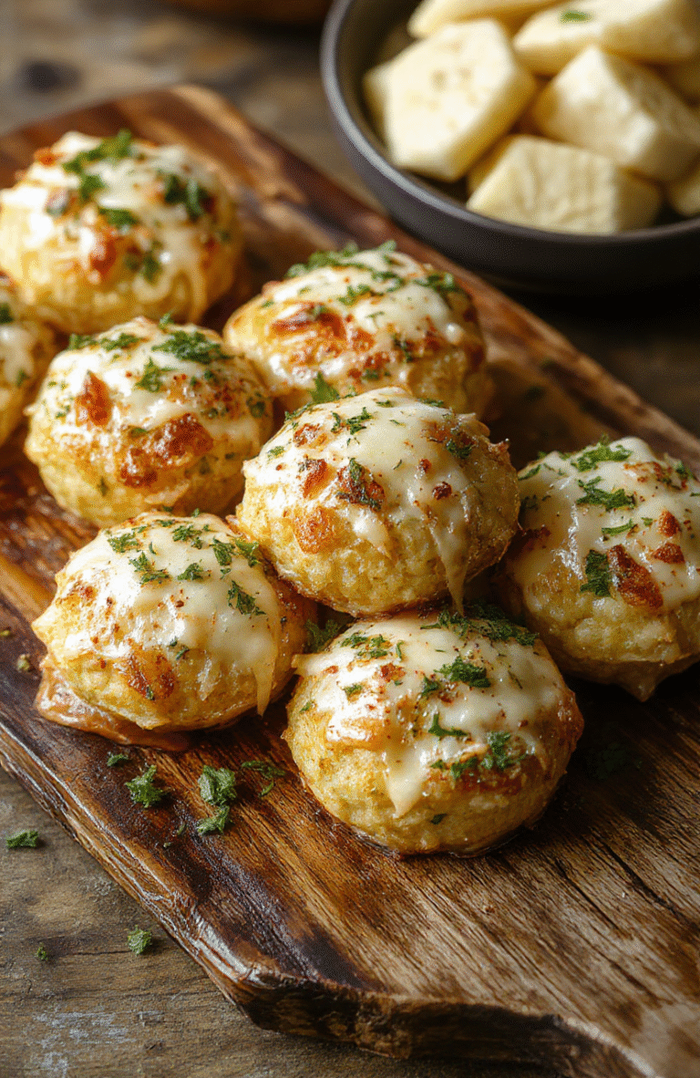 Golden-brown garlic Parmesan bombs arranged on a rustic wooden platter, showing gooey melted cheese inside, garnished with fresh parsley and drizzled with garlic butter, presentation styled with a sprinkle of parmesan, and inviting textures highlighting crispy exteriors and soft insides.
