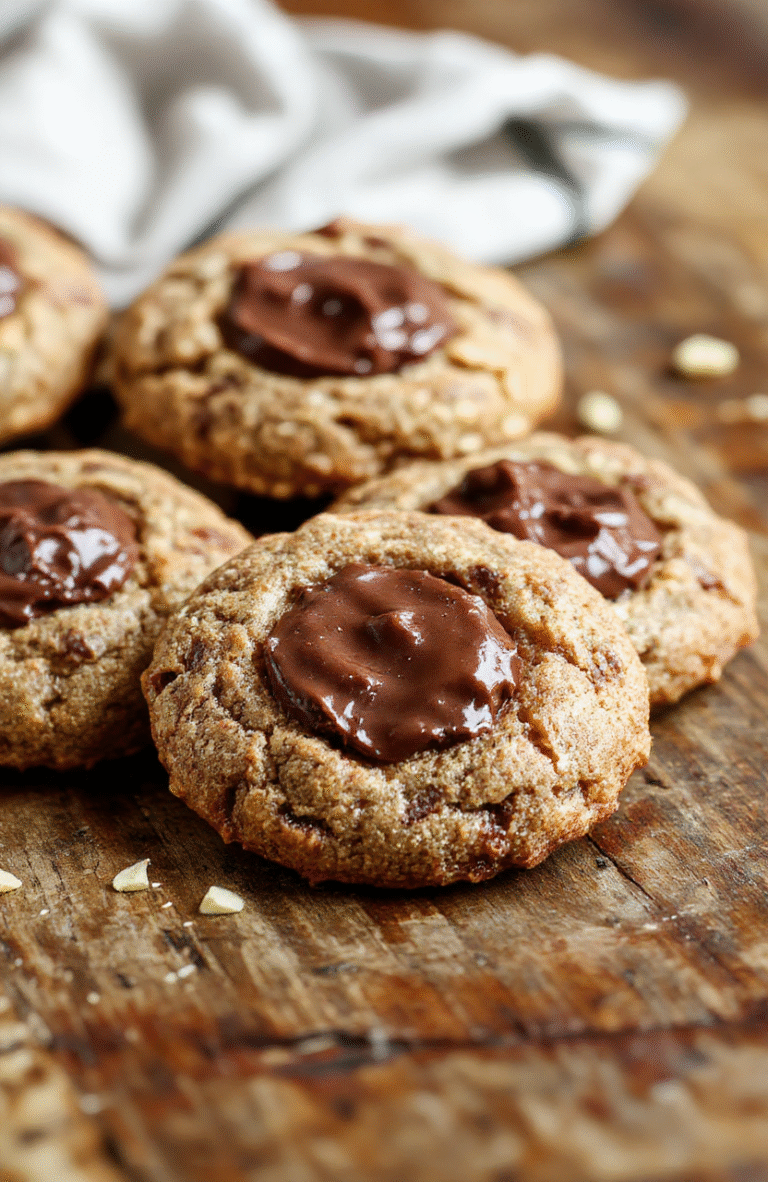 A close-up of chewy chocolate thumbprint cookies arranged on a rustic wooden surface, showcasing their glossy chocolate centers and slightly cracked, fudgy exterior with textured edges, styled casually with a few cookie crumbs scattered around.